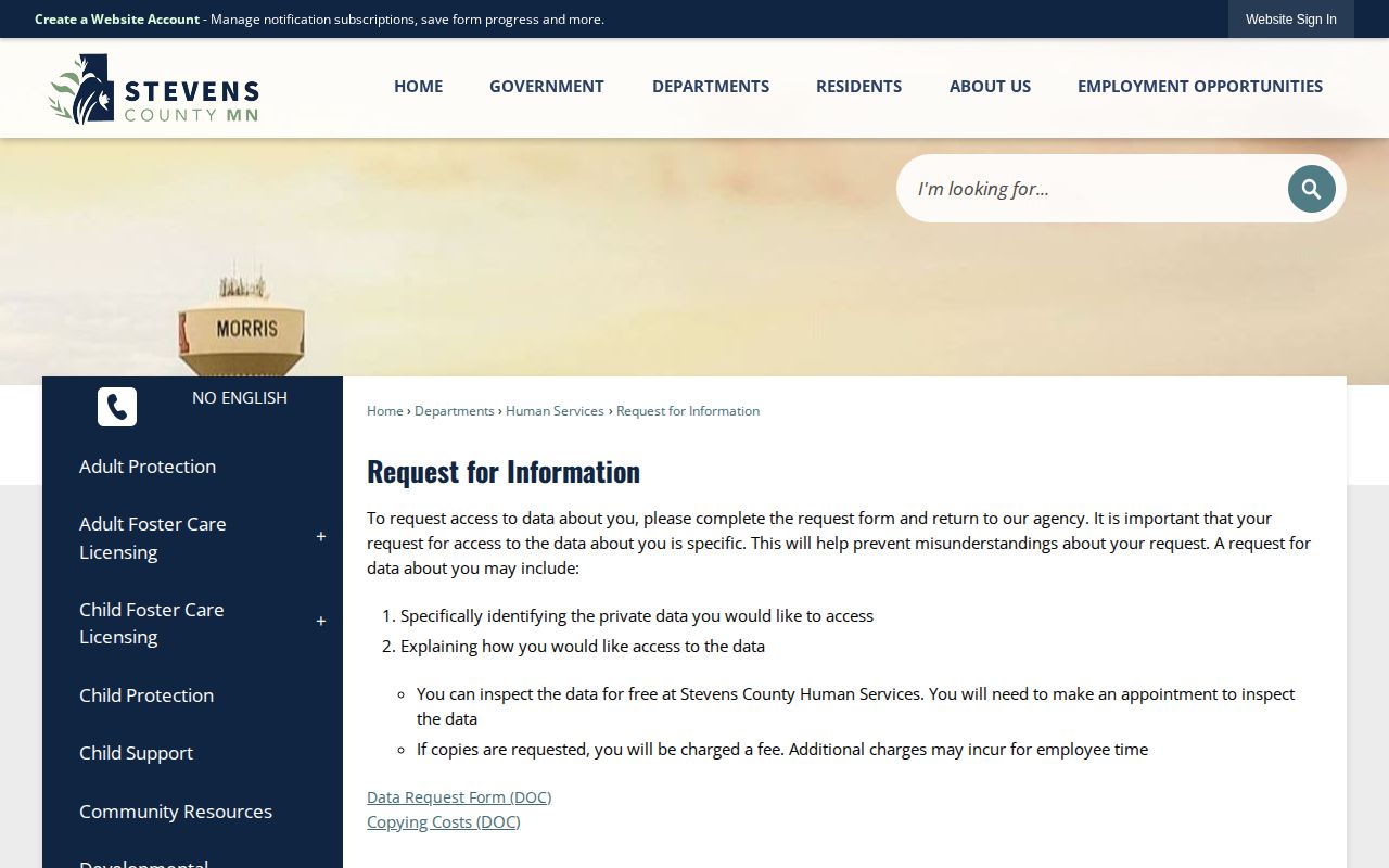Stevens County booking-record request information page
